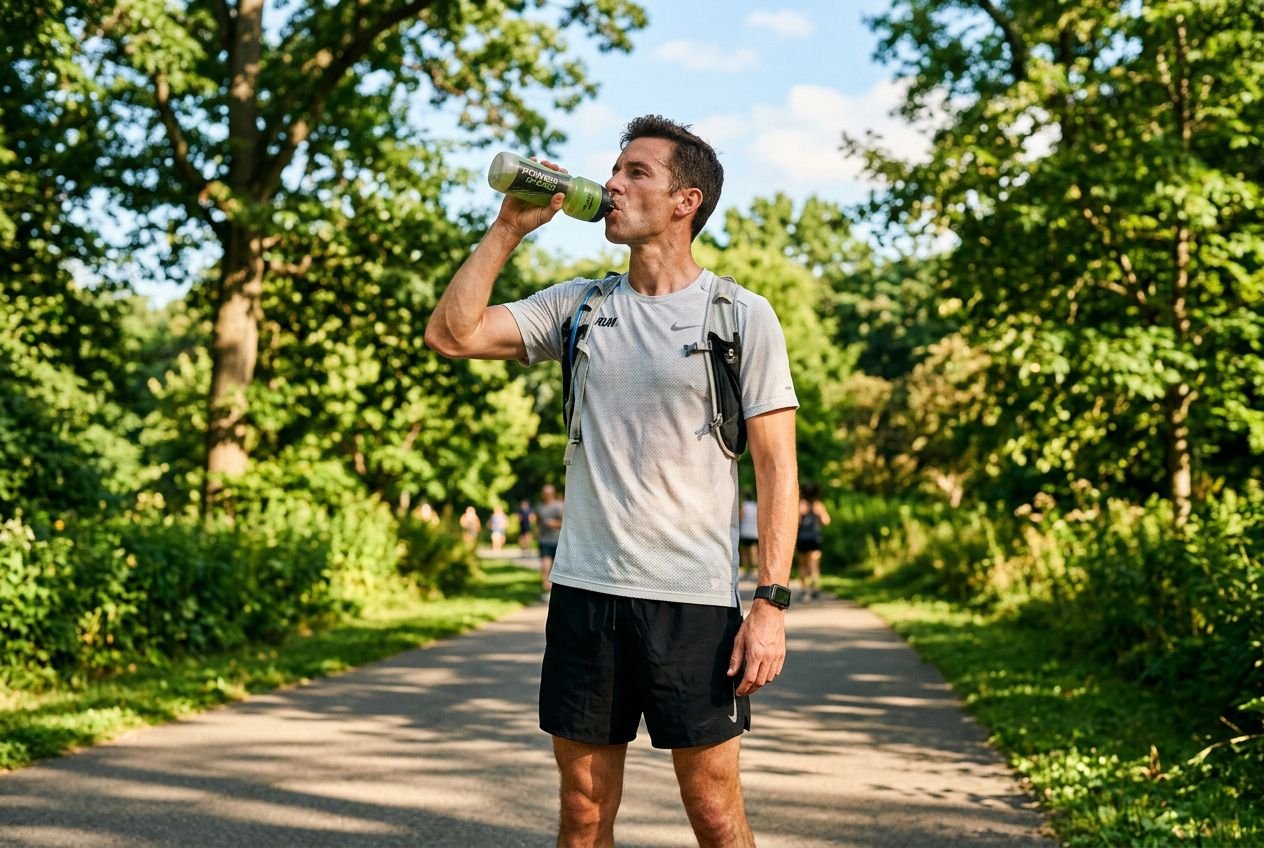 Hombre haciendo deporte al aire libre en parque, bebiendo de una botella de agua tras entrenar con calor, vistiendo camiseta gris, shorts negros y mochila pequeña. entrenar con calor hidratación electrolitos y consejos para el verano