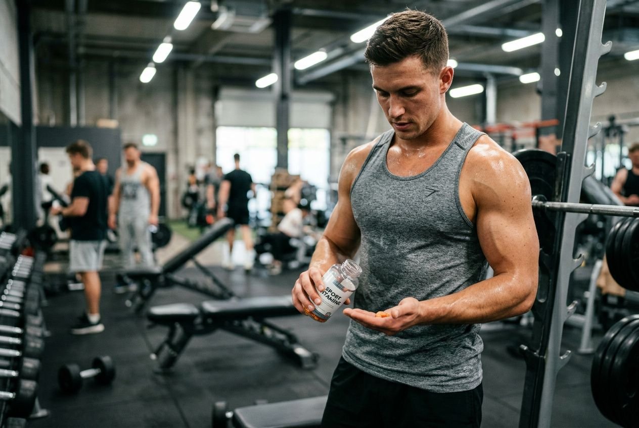 Homme musclé en salle de sport, prenant des vitamines en flacon après une séance, athlète concentré sur l’étiquette, contexte fitness. vitamin pour sportif