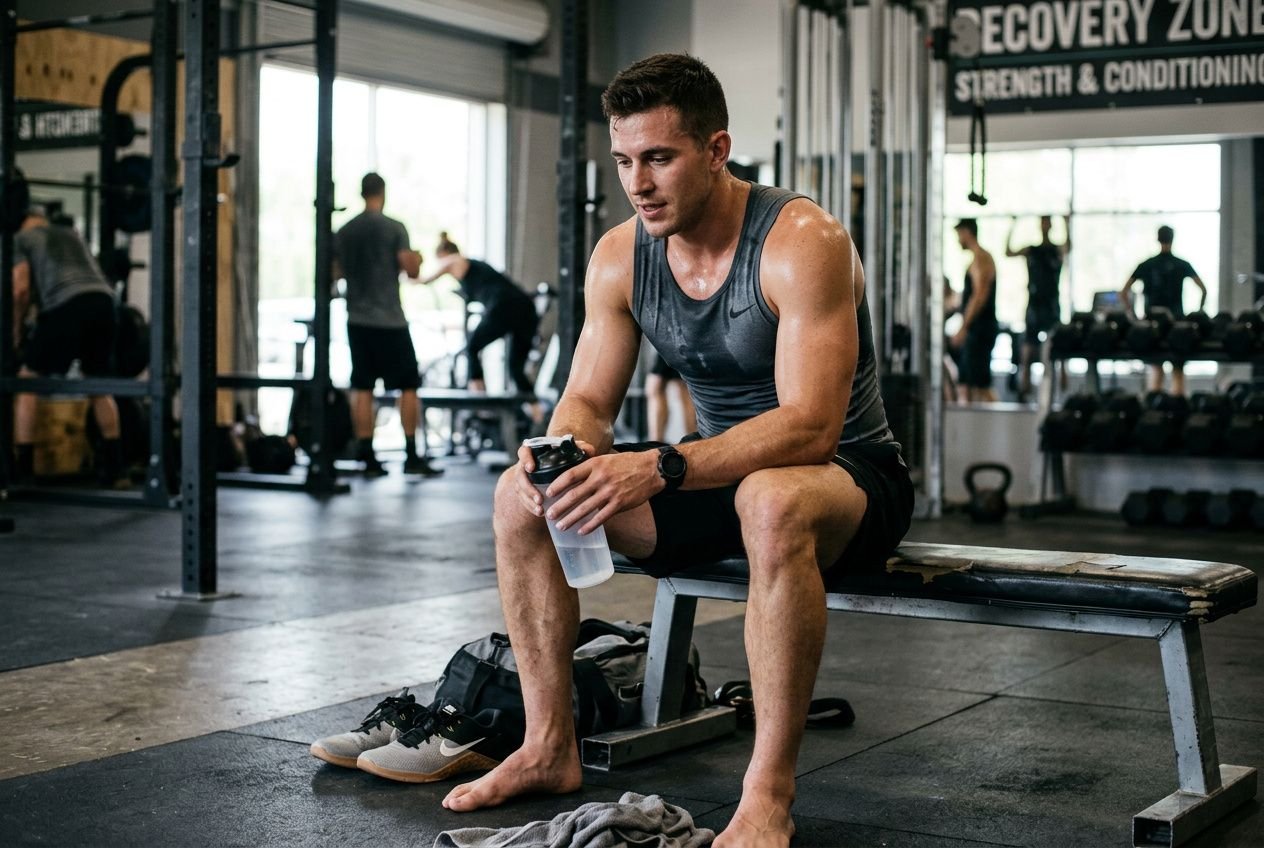 Homme en salle de musculation assis sur un banc, hydratant après l’entraînement, chaussures et sac à proximité. programme musculation prise de masse 3 fois par semaine est évoqué.