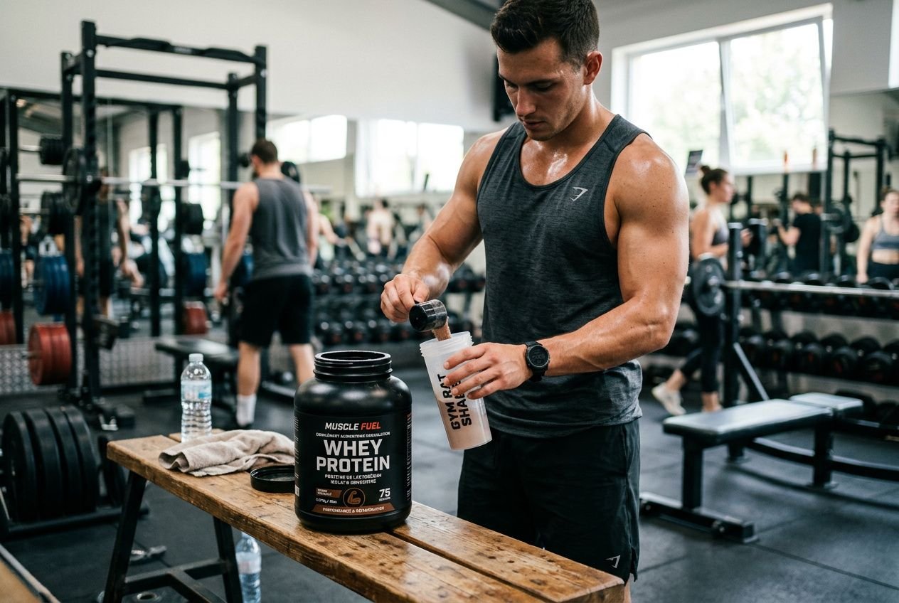 Homme en salle de sport prépare une whey protéine sur un shaker, pot de whey et gourde sur le banc, ambiance salle de musculation. complément alimentaire musculation whey présent.