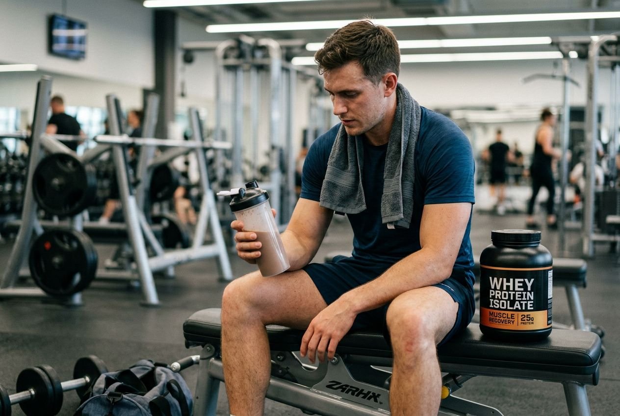Homme sportif assis sur un banc de musculation dans une salle, tenant une bouteille shaker et protéine whey en pot près de lui.Présentation d’un contexte de récupération musculaire complément alimentaire.