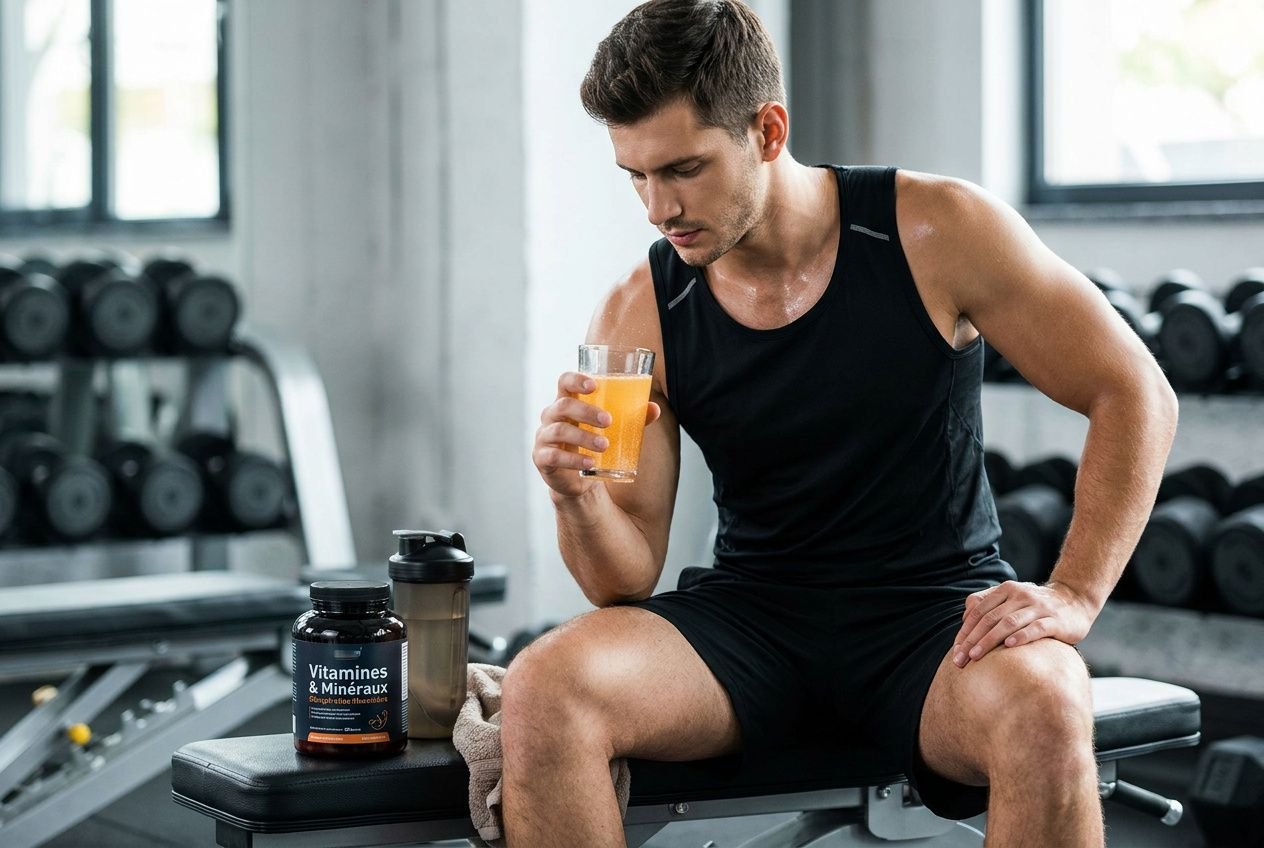 Homme sportif sirotant une boisson après l’entraînement, près de pots de vitamines et minéraux sur un banc en salle de sport. r?écupération musculaire complément alimentaire pourrait être mentionné comme contexte.