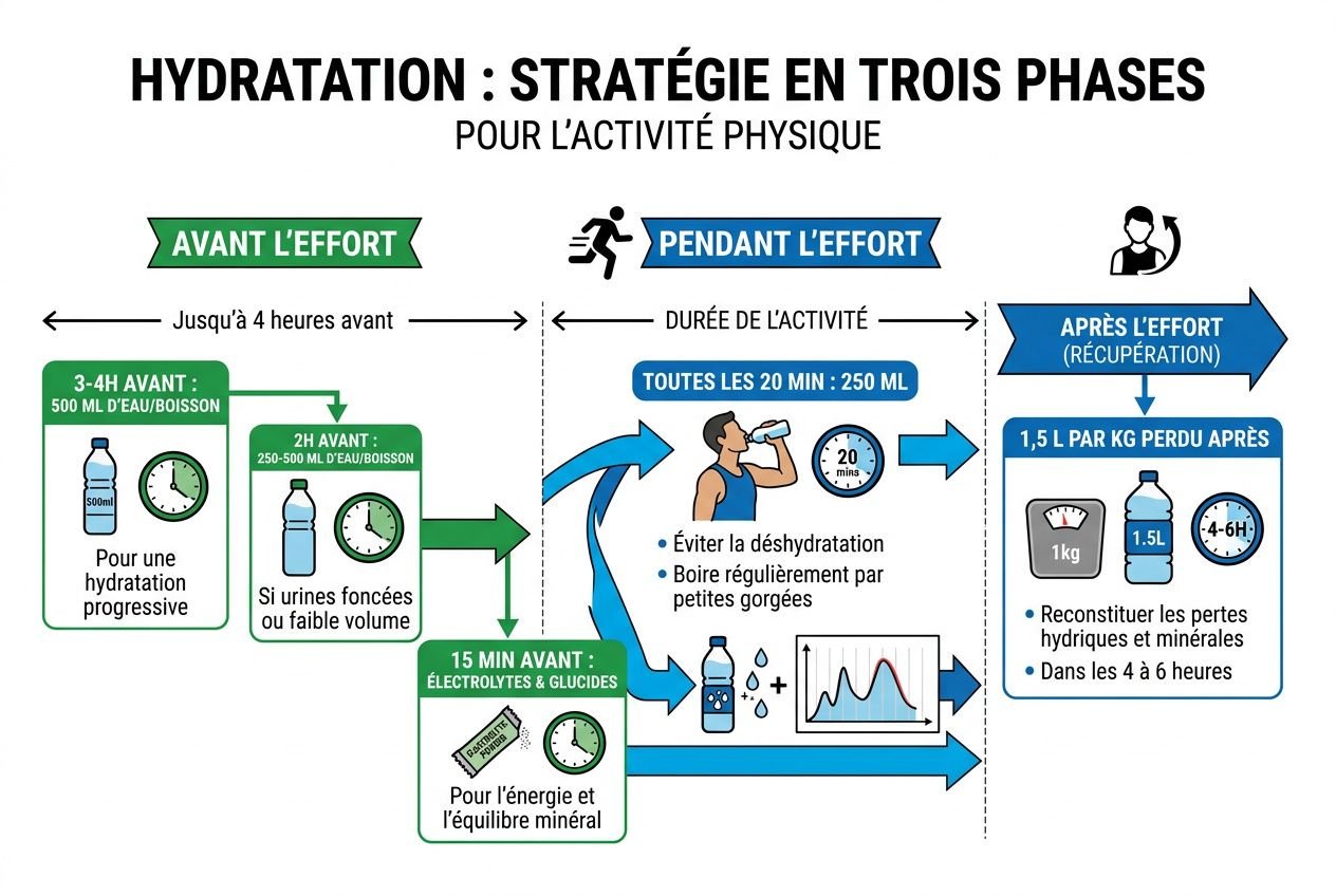 HYDRATATION : stratégie en trois phases pour l’activité physique, avec conseils sur l’entraînement par forte chaleur, hydratation et électrolytes.