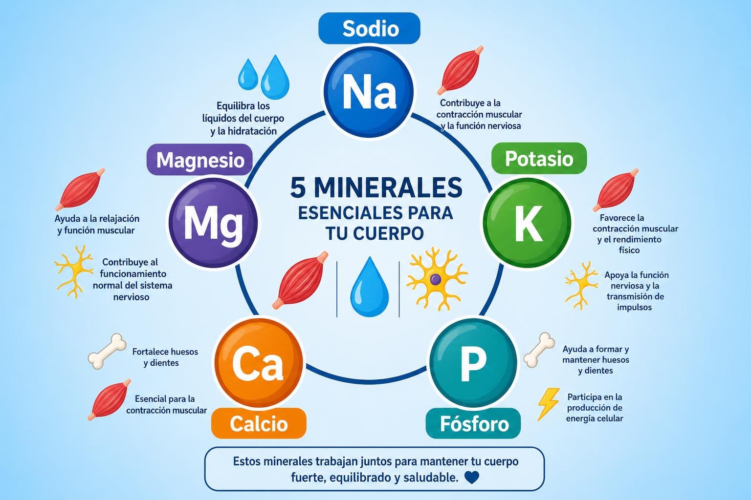 Infografía de “5 minerales esenciales para tu cuerpo” con sodio, magnesio, potasio, calcio y fósforo y breves funciones. Entrenar con calor hidratación electrolitos y consejos para el verano.