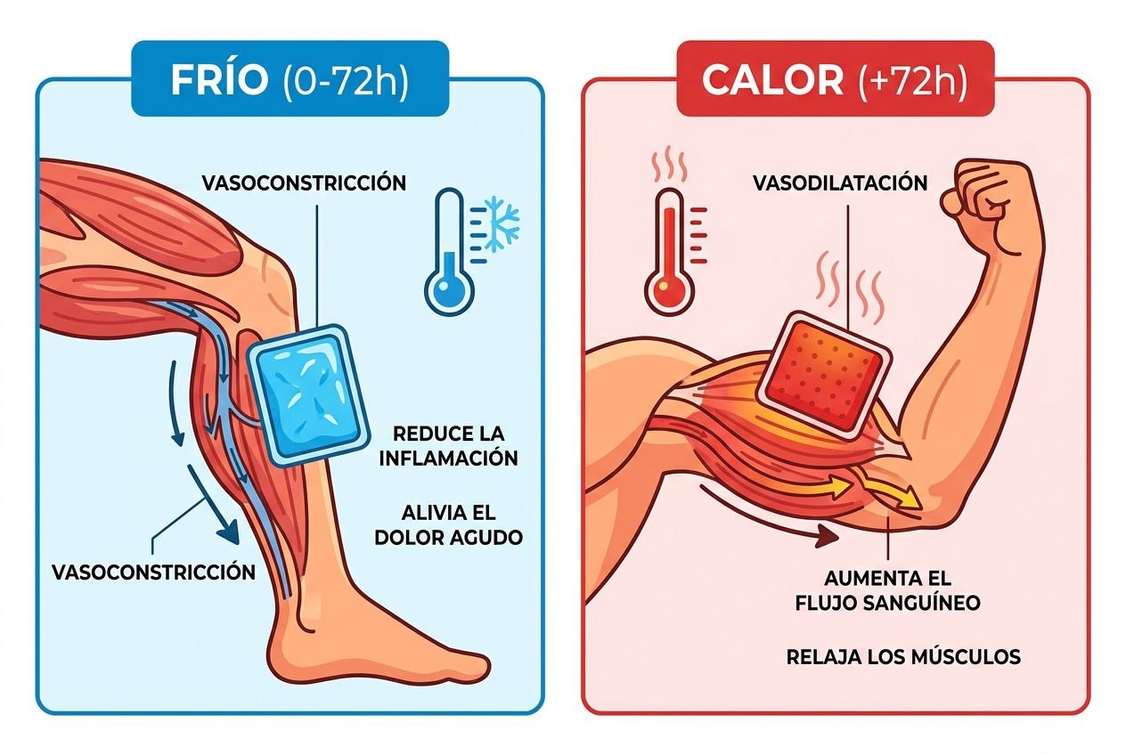 Una infografía dividida en dos panels: FRÍO (0-72h) a la izquierda y CALOR (+72h) a la derecha, con una pierna mostrando vendaje frío y flechas de vasoconstricción; a la derecha, una herida con compresa caliente y músculos relajados, indicando vasodilatación y flujo sanguíneo. Cuándo poner hielo y cuándo calor, según tu lesión.