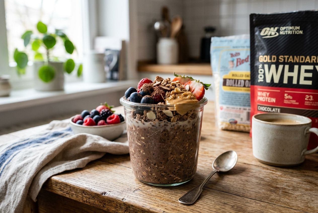 A jar of overnight oats topped with peanut butter, berries, and nuts sits on a wooden table, with protein powder packaging in the background—how to use protein powder in recipes.