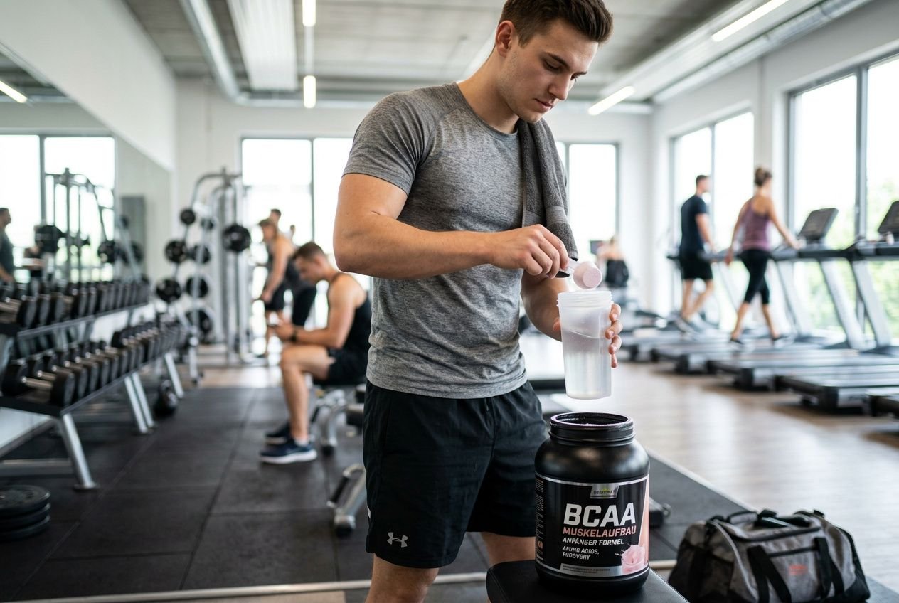 Junger Mann gießt Proteinpulver aus einem Shaker in ein großes BCAA-/Muskelaufbau-Supplementbehälter-Behälter im Fitnessstudio, im Hintergrund weitere Geräte und Trainierende. lche supplements für muskelaufbau anfänger integriert.
