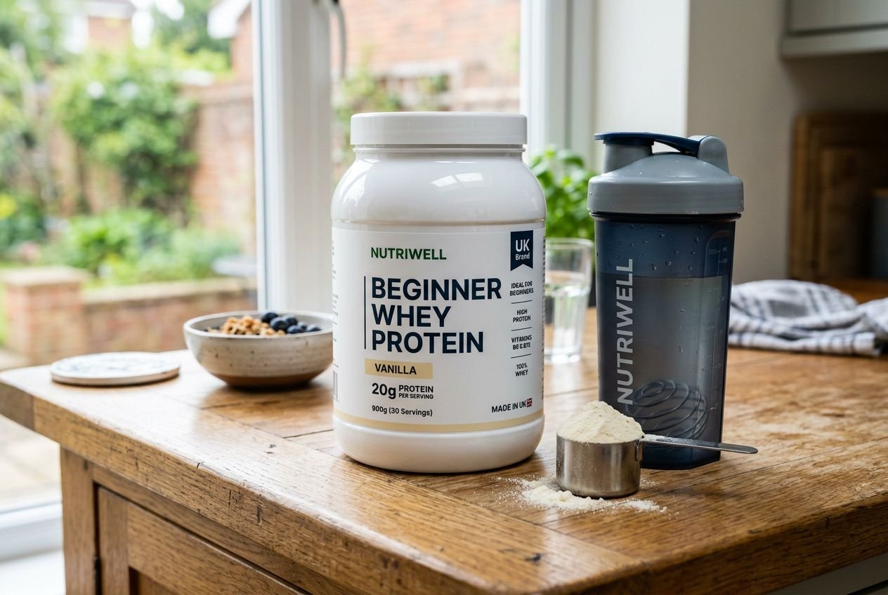 Large tub of "Beginner Whey Protein" by Nutriwell on a wooden kitchen counter, with a blue shaker, scoop of powder, and small bowl of toppings nearby.体现 protein powder for muscle gain for beginners uk.
