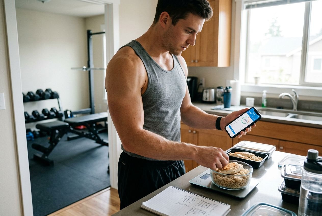 Man in a gym tank top using a smartphone while measuring a meal on a scale at home, jotting notes—nutrition tips for building muscle.