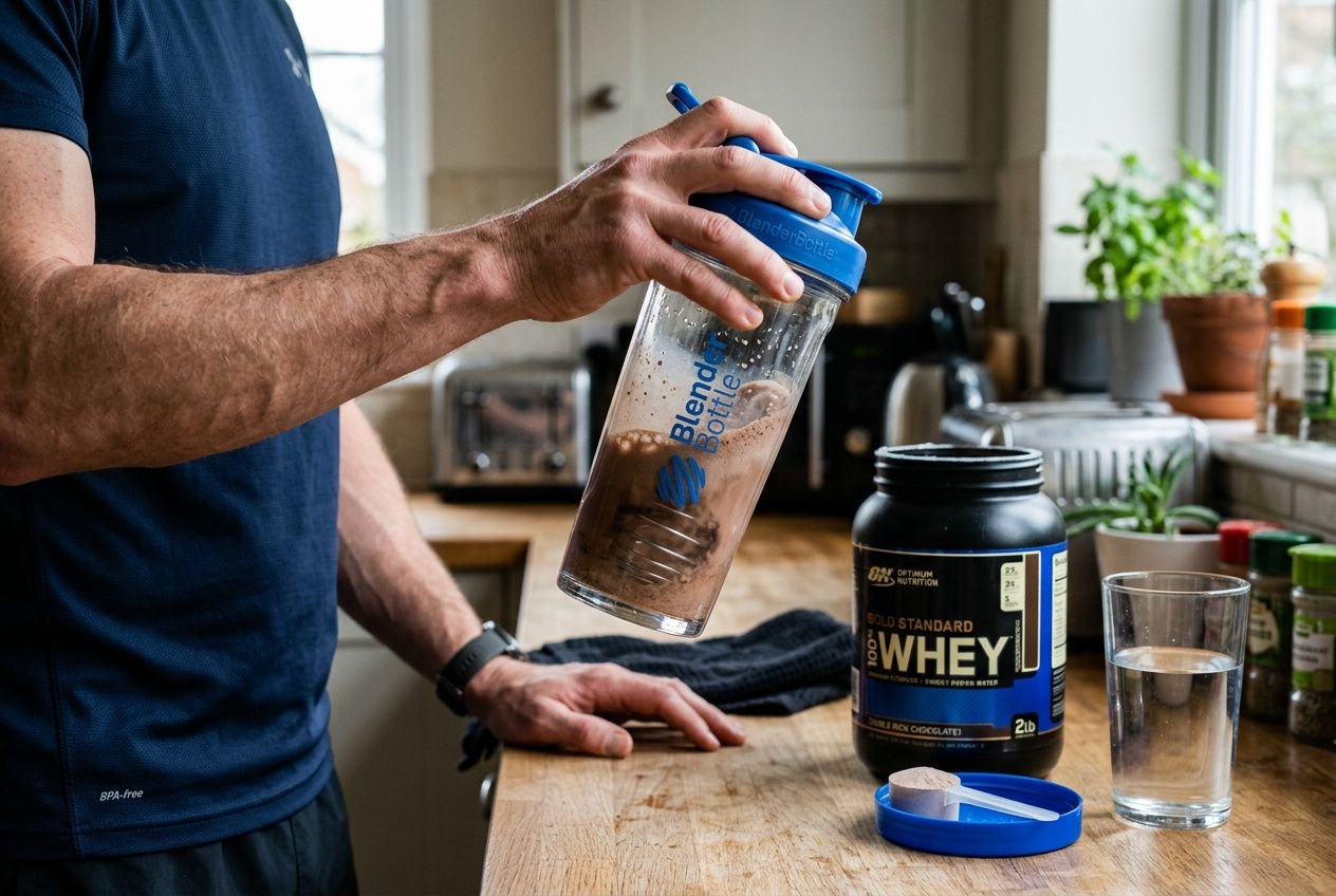 Man pours blended shake from a portable shaker into a glass beside a whey protein tub on a kitchen counter, promoting smooth mixing. how to mix protein powder without clump