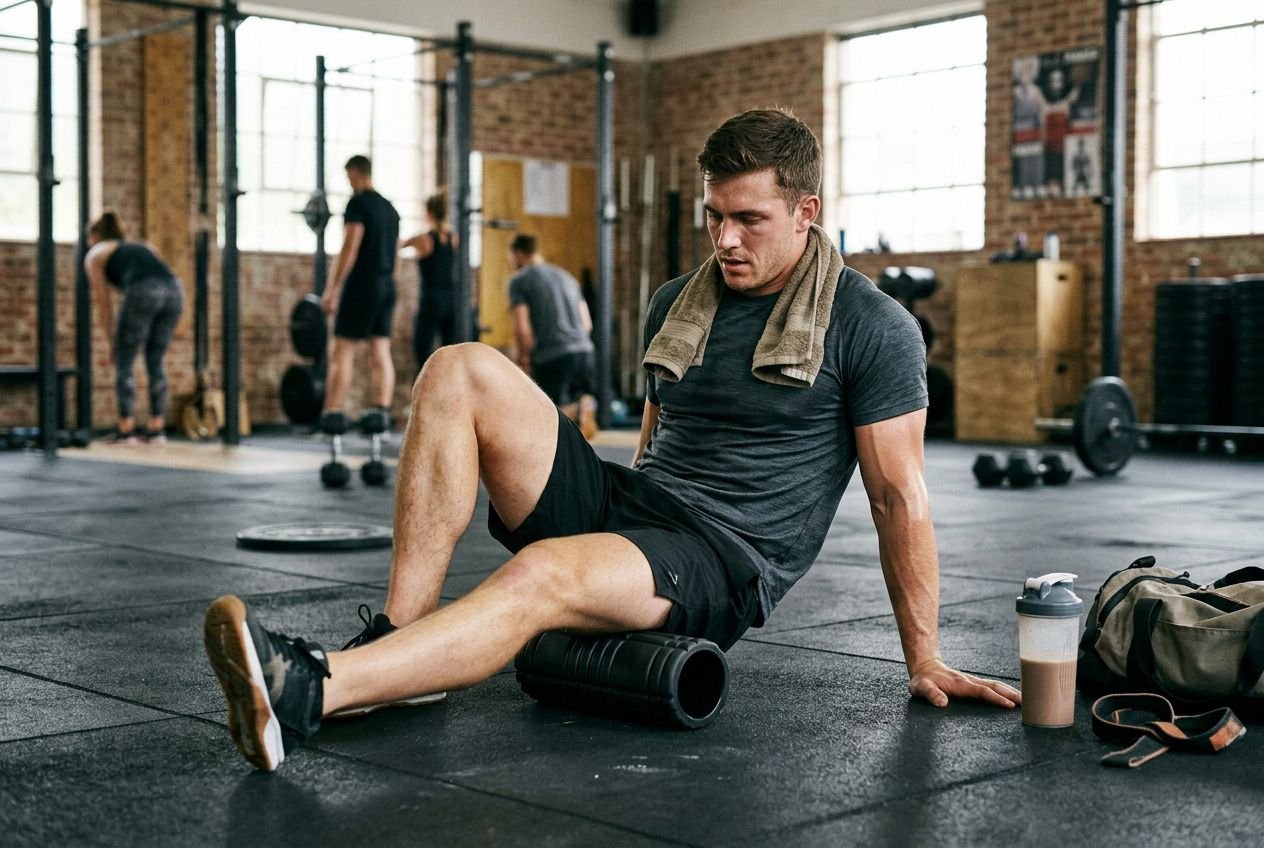 Mann im Fitnessstudio liegt mit Foam Roller am Oberschenkel, daneben Wasserflasche und Handtuch; Hintergrund weitere Übungen. Regeneration nach trainingslager visualisiert.