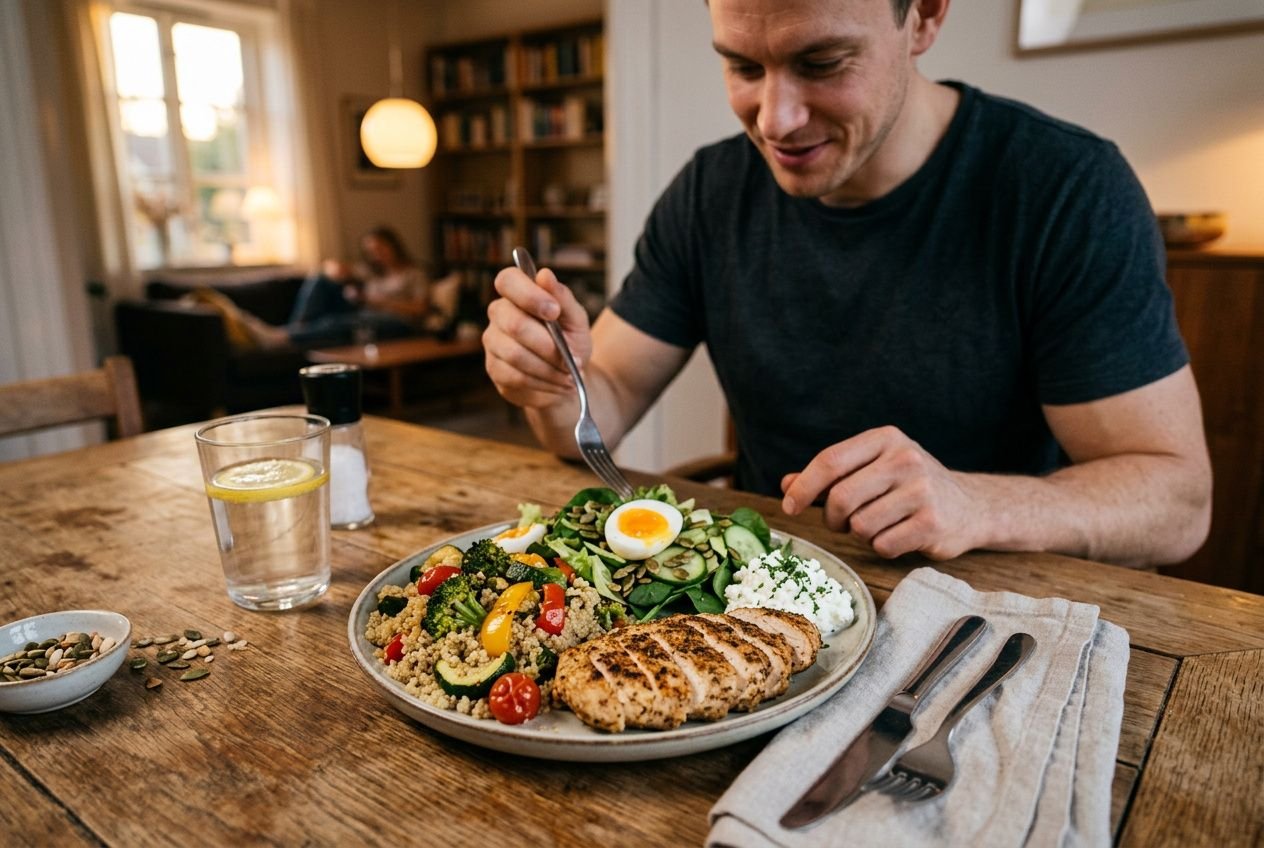 Mann isst eine proteinreiche Mahlzeit mit Gemüse und gegrilltem Hähnchen, inklusive Quinoa-Salat und Ei; Bild passt zu high protein rezepte abendessen.