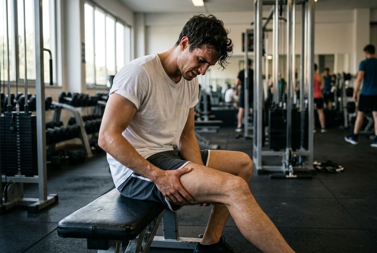 Mann mit Muskelkater wie lange dauert er wirklich : sitzt erschöpft auf einer Bank im Fitnessstudio und hält sich den Oberschenkel.