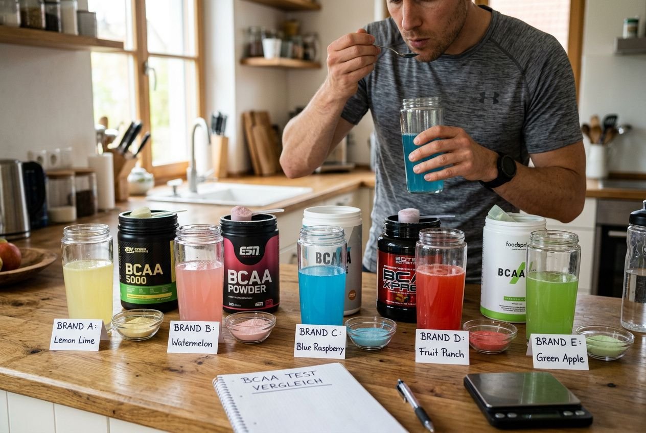 Mann probiert verschiedene BCAA-Pulver im Test, mehrere Gläser mit farbigen Getränken stehen daneben, Notizen liegen bereit. aminосäuren muskelaufbau testsieger integriert.
