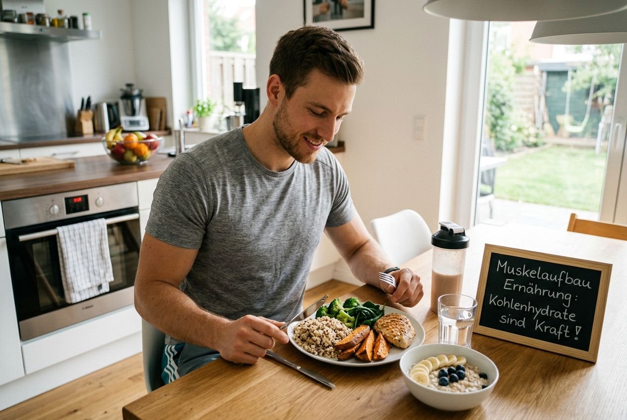 Mann sitzt beim Frühstückstisch, ernährt sich ausgesund: Haferflocken, Obst und Gemüse; Schild erinnert an "Wieviel Kohlenhydrate am Tag" und optimale Mengen.