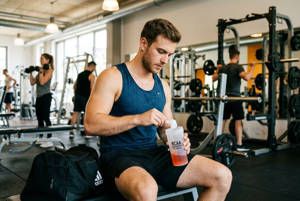 Mann trinkt Aminosäuren-Shake vor dem Fitnesstraining