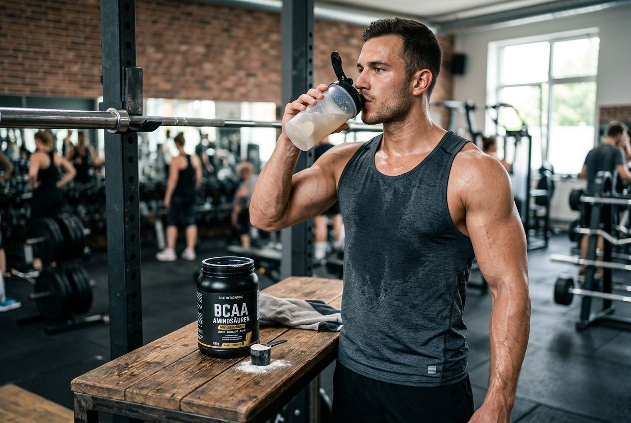 Männlicher Bodybuilder trinkt aus shakerflasche neben BCAA Aminosäuren Muskelaufbau Testieger Pulverbehälter im Fitnessstudio, Hantelbank im Hintergrund.