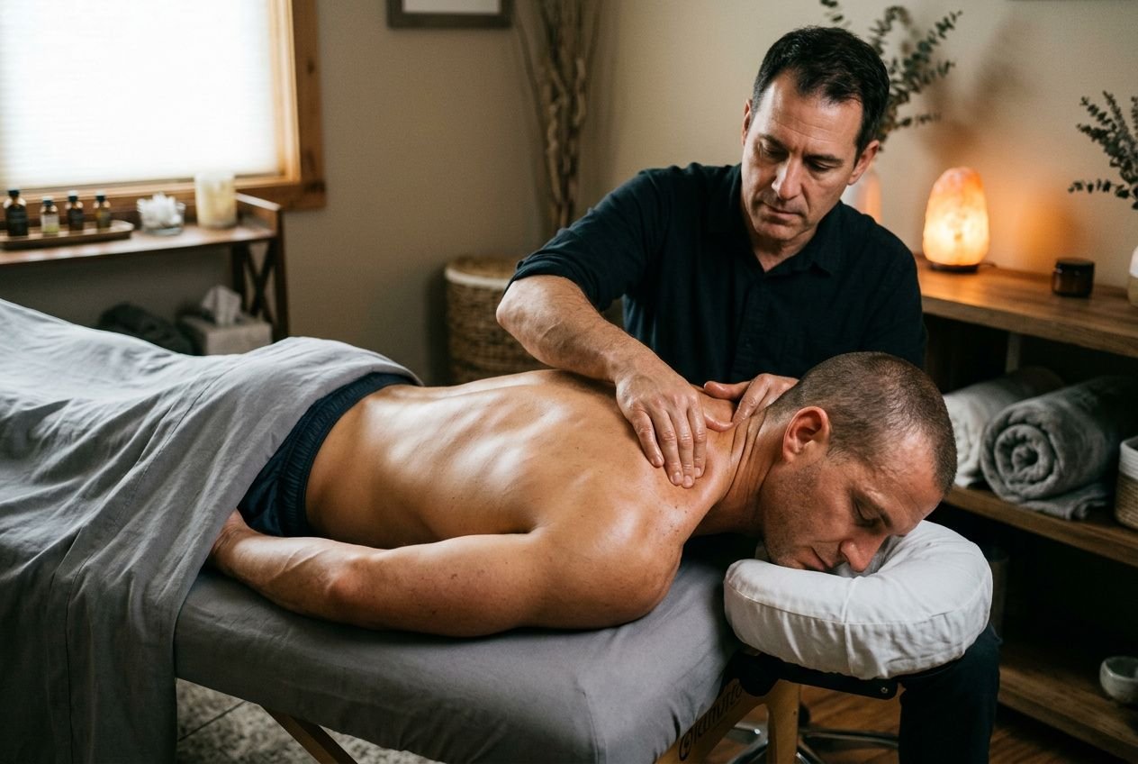 Massage thérapeutique sur le dos d’un homme couché, soulagement des muscles après effort; ambiance zen et lumineuse. courbatures très douloureuses.