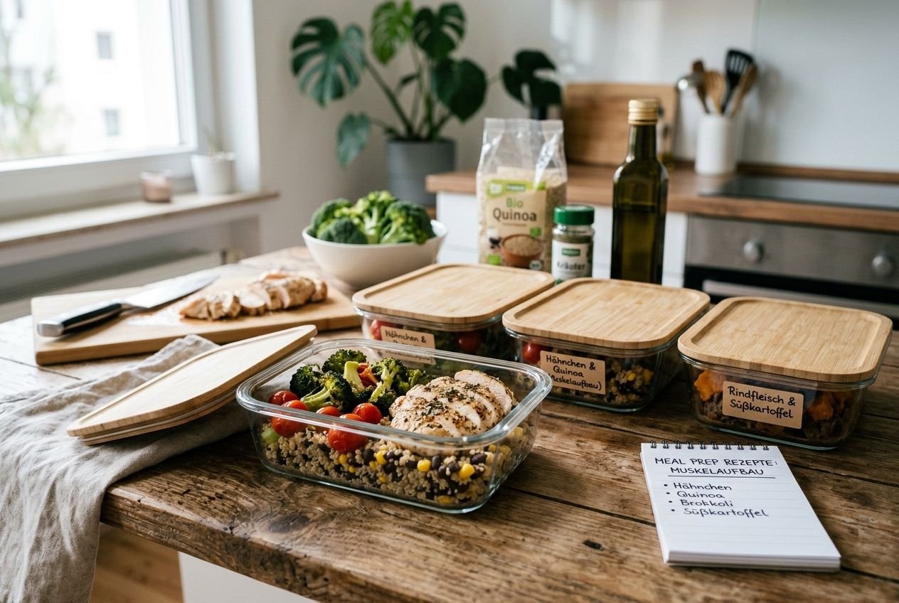 Meal prep rezepte muskelaufbau: Mehrere meal prep-Behälter mit proteinreichen Gerichten, Engelsfarbene Körner, Salat und Quinoapflege, daneben eine Einkaufsliste.