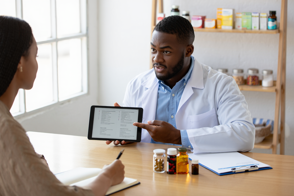 Il medico tiene un tablet mostra una lista di integratori consigliati, mentre una paziente prende appunti; sul tavolo ci sono bottiglie di integratori e un blocco note. Integratori consigliati dai nutrizionisti.