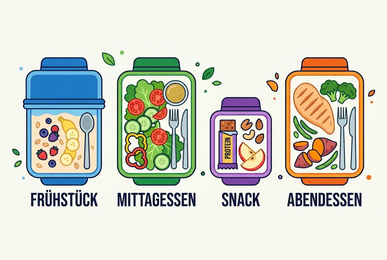 Motiv mit vier farbigen Meal-Prep-Behältern: Frühstück, Mittagsessen, Snack, Abendessen, alles ansprechend gefüllt.