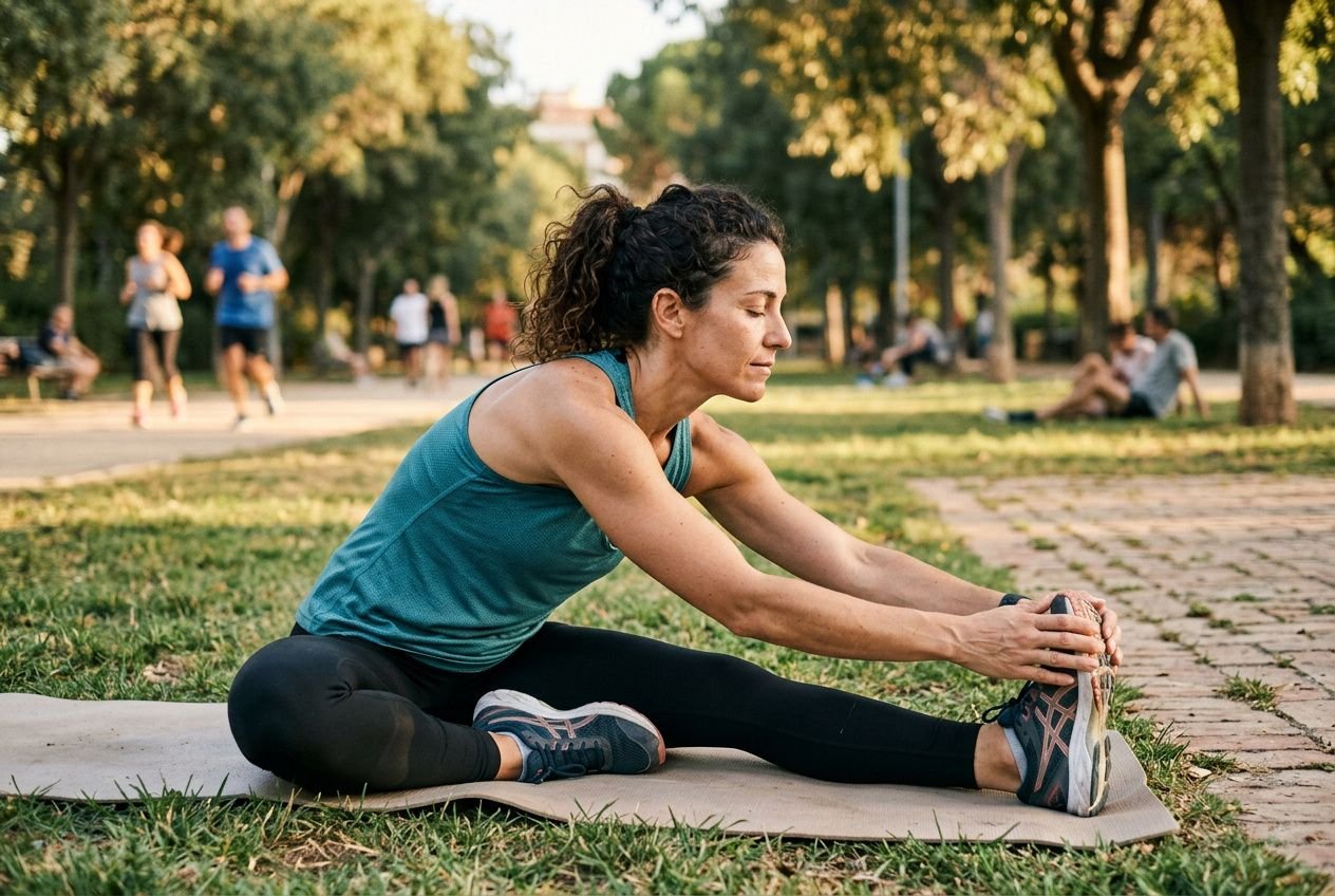 Mujer haciendo estiramientos en un parque, sentada en una colchoneta y alcanzando los pies para estirar la espalda y piernas con fondo de árboles y gente ejercitando. Estiramientos para antes y después del ejercicio.