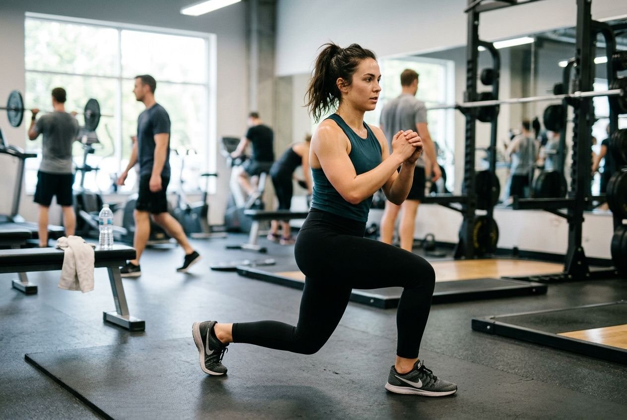Mujer haciendo una sentadilla en el gimnasio, con otros atletas y equipos de entrenamiento al fondo. dolor muscular despues del ejercicio que hacer sugiere alivio y prevención.