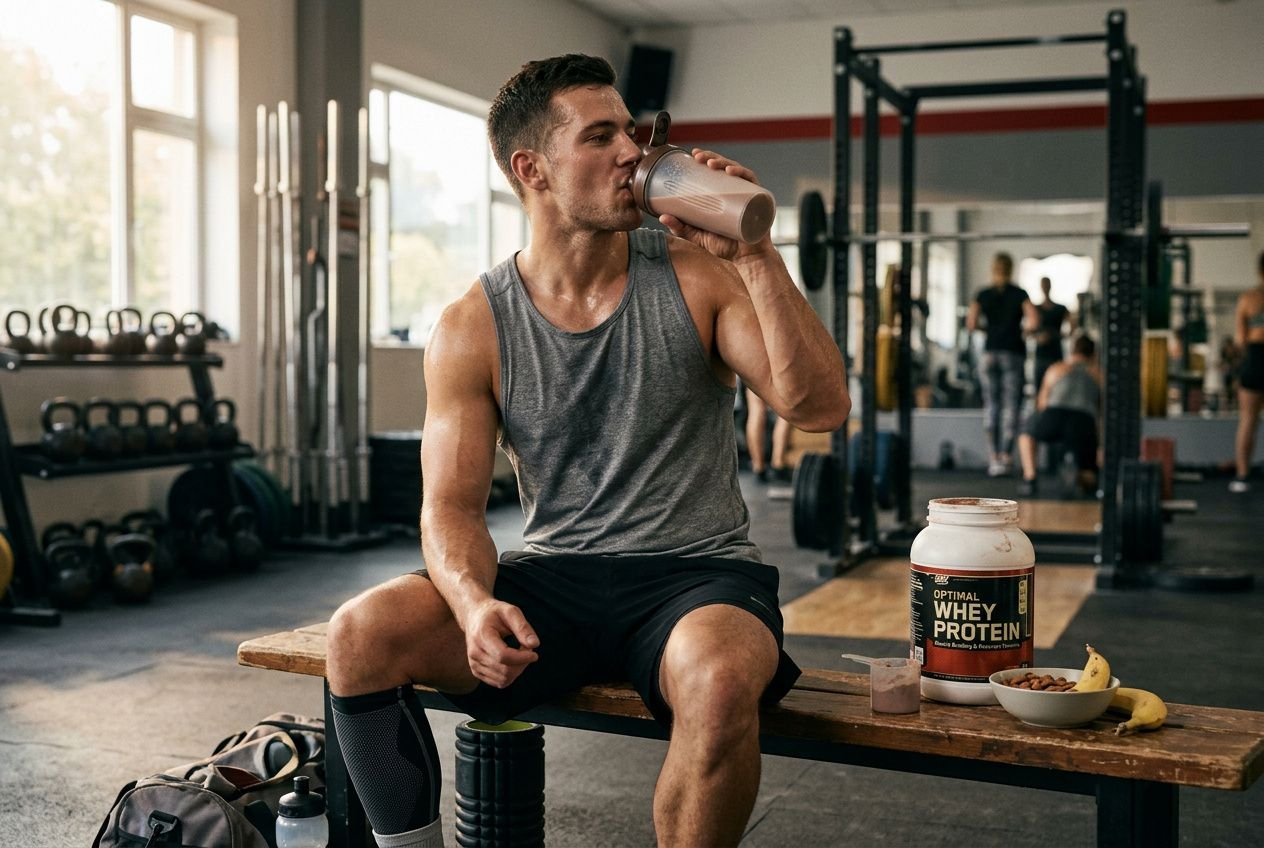A muscular man in a gray tank top sits on a bench in a gym, drinking from a shaker bottle with a tub of whey protein on the bench and a bowl of fruit nearby. plant based or whey protein