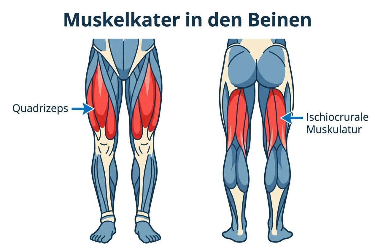 Muskelkater in den Beinen: Illustration der Oberschenkelmuskulatur mit markierten Quadrizeps- und ischiocruralen Muskeln.