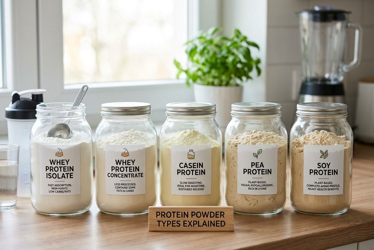 Organization of protein powder jars on kitchen counter with labels: whey, casein, pea, soyprotein powder types explained.