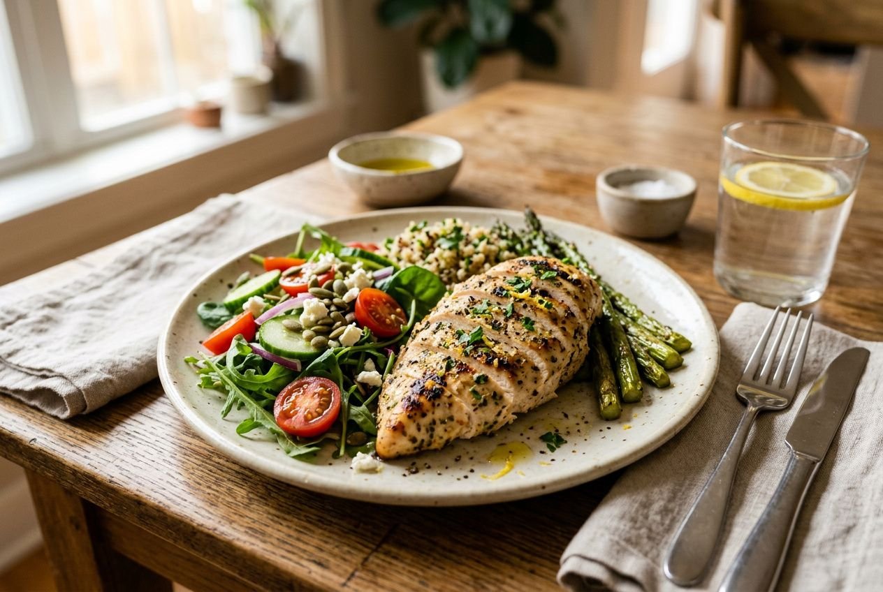 Petto di pollo grigliato con insalata di pomodorini, cetrioli e rucola, accompagnato da riso integrale e asparagi.