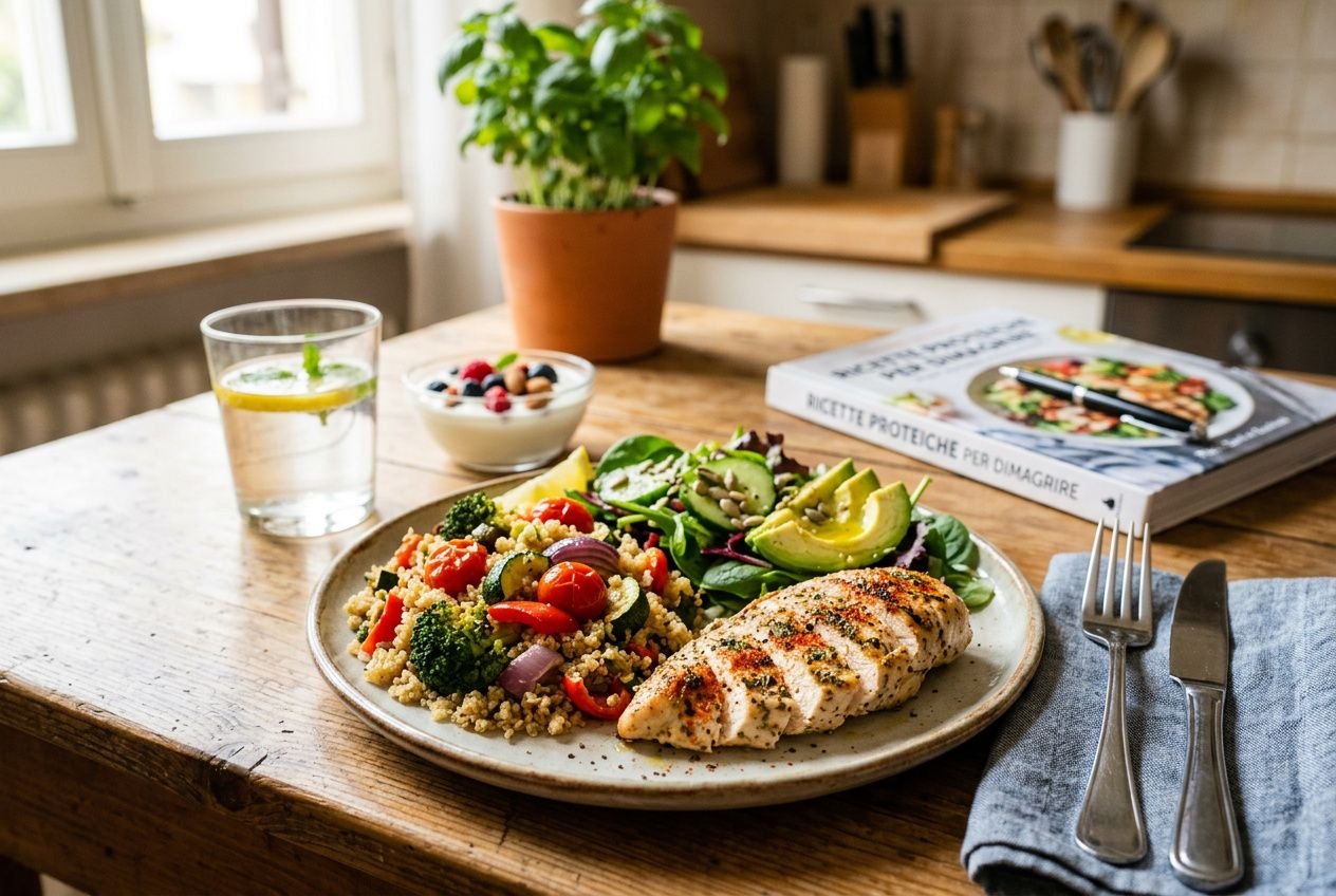Piatto principale con petto di pollo grigliato, accompagnato da quinoa e verdure miste, sul tavolo, libro di ricette proteiche per dimagrire in secondo piano.