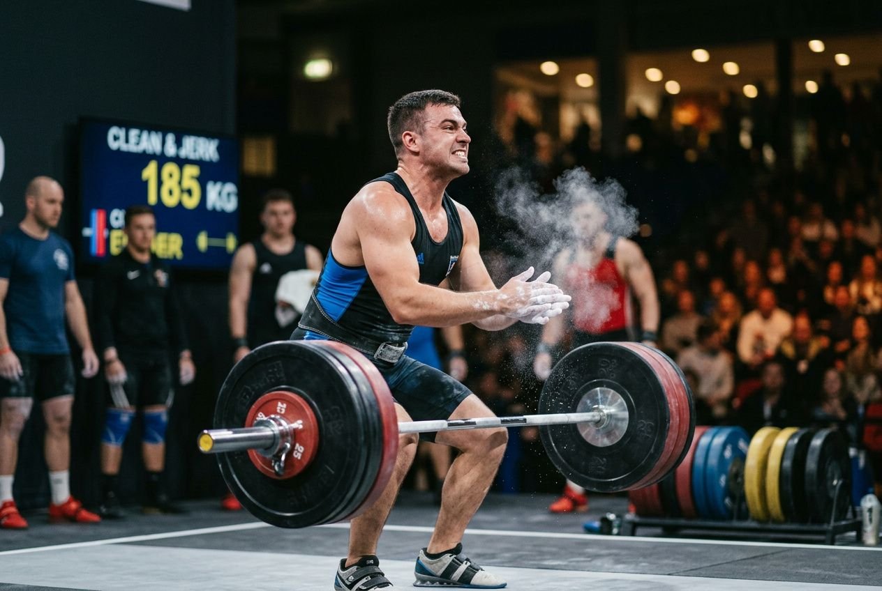 Powerful moment of a male weightlifter in a competition, gripping a loaded barbell and releasing chalk dust. magnesium for athletes context integrated naturally.