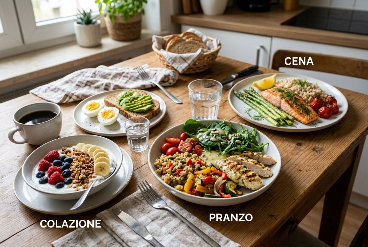 Pranzo abbondante con piatto di verdure, pollo e riso, accompagnato da contorno di insalata; cena con pesce, asparagi e pomodori; colazione a base di yogurt con frutta e cereali. testo: quante proteine servono per definirsi riferito al peso.