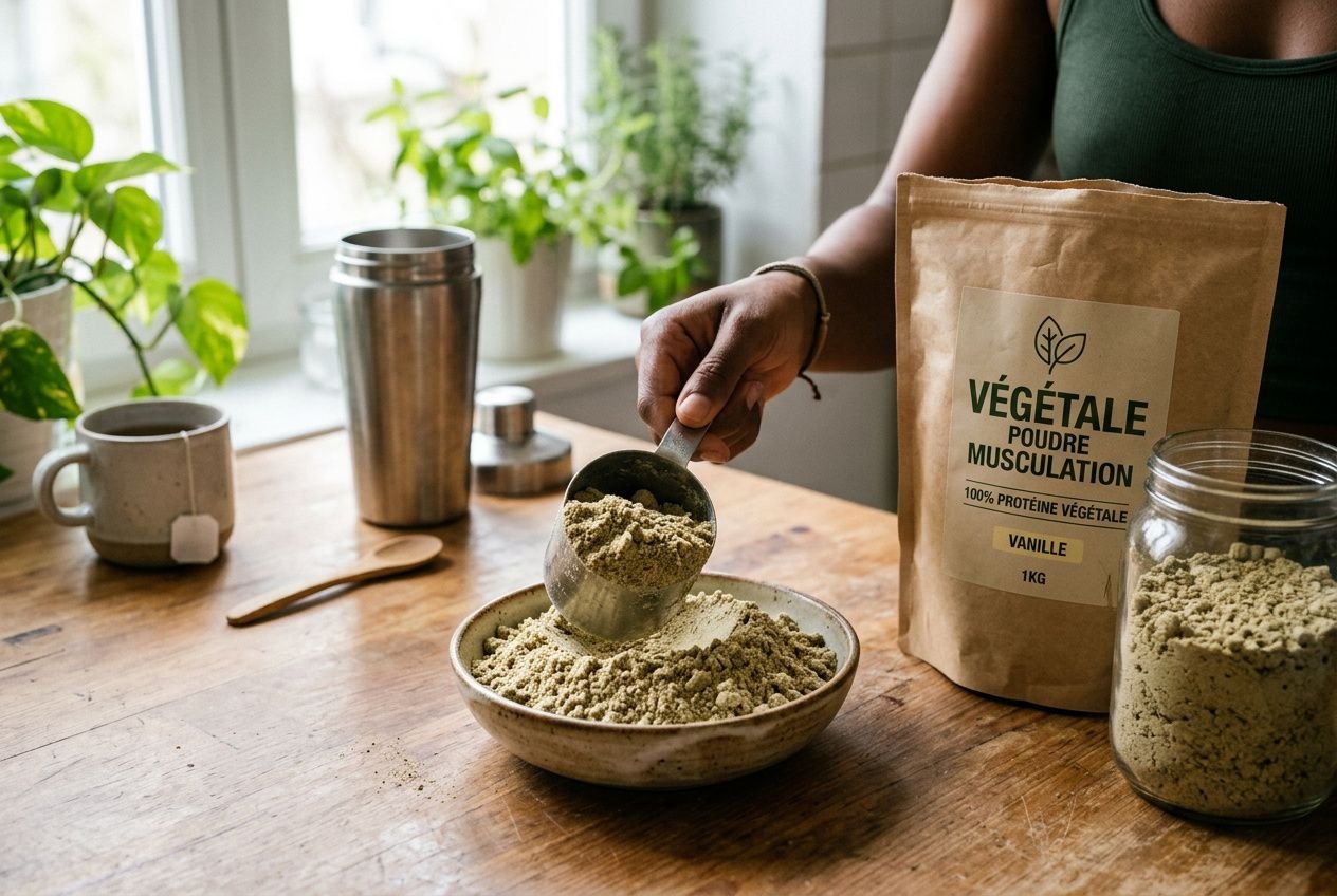 Préparation de poudre protéinée végétale : une main verse une cuillère dans un bol, avec un sachet « Végétale poudre musculaction ».
