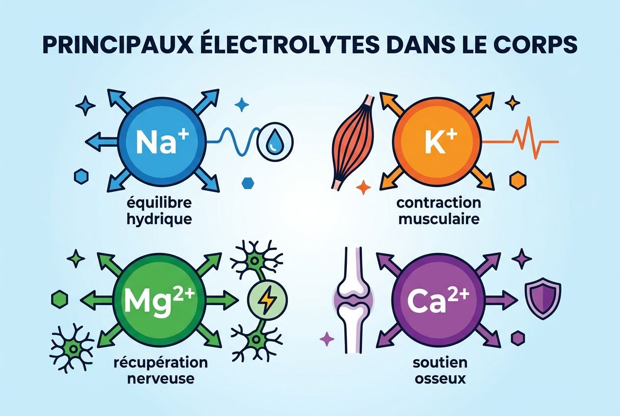 Principaux électrolytes dans le corps: Na+, K+, Mg2+ et Ca2+ illustrés, avec leurs rôles (hydratation, contraction musculaire, récupération nerveuse et soutien des os)