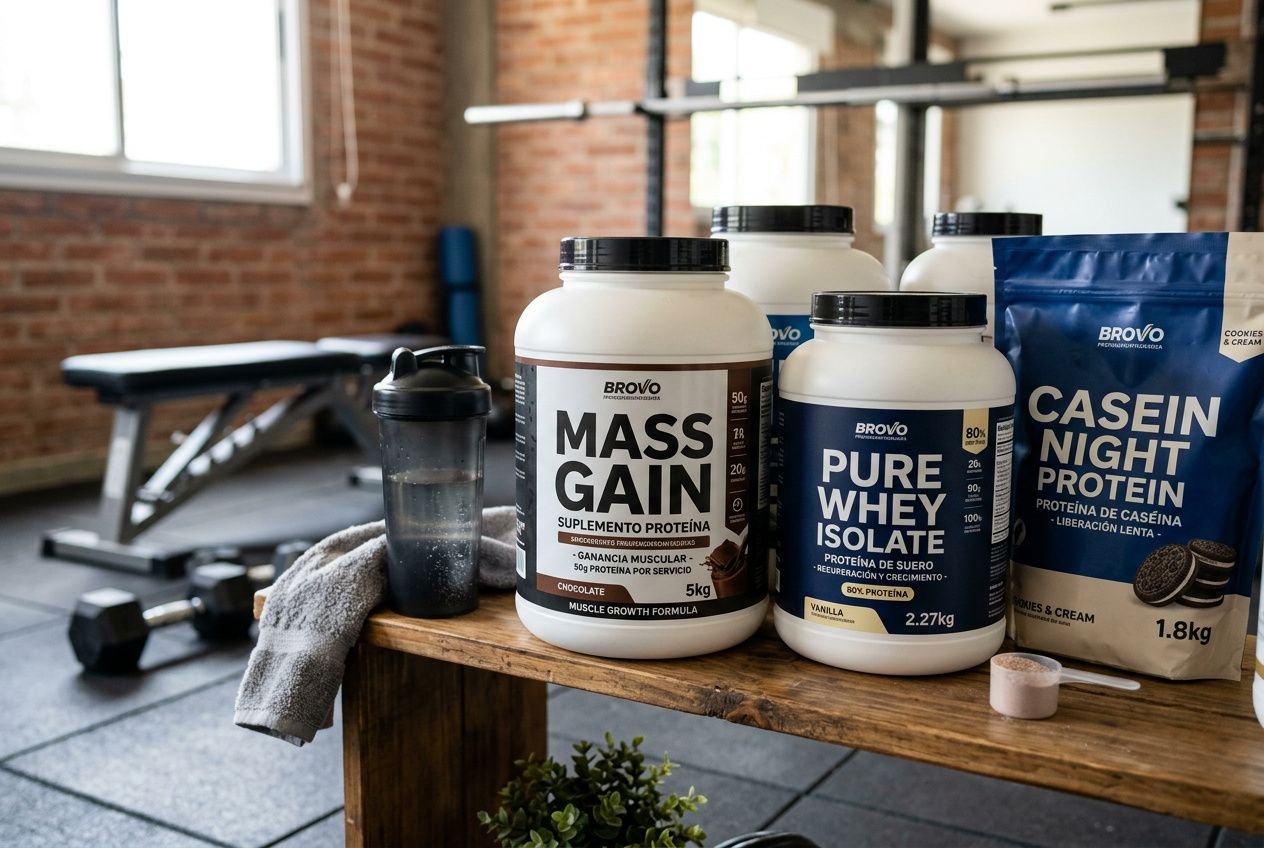 Proteínas en un entorno de gimnasio: botes de mass gain y proteína de suero aislada junto a un polvo de caseína nocturna. “proteína vegetal o animal para aumentar masa muscular” integrada de forma natural.
