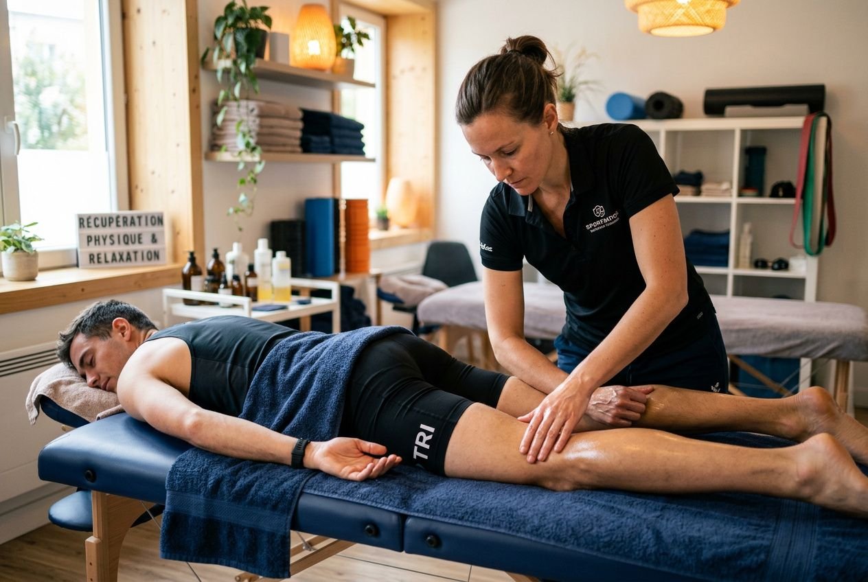 Récupération musculaire après sport: séance de massage sur la cuisse et le dos d’un athlète allongé sur une table, thérapeute en action. Récupération musculaire courbatures.