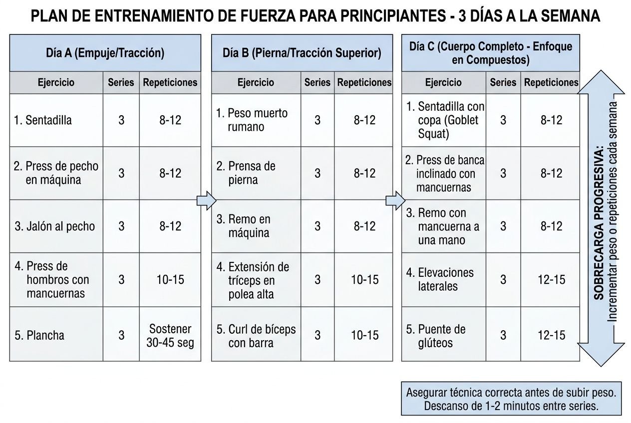 Rutina entrenamiento de fuerza principiantes: plan de 3 días a la semana con ejercicios de empuje/tracción, piernas y cuerpo completo.