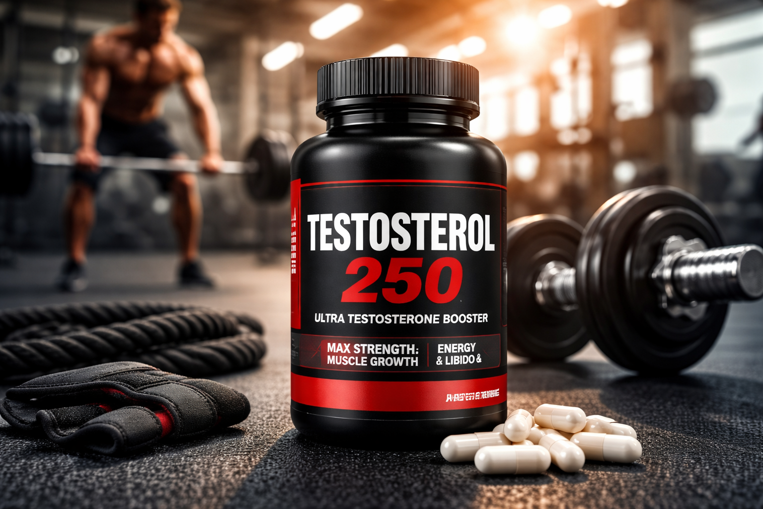 Schwarze Flasche „Testosterone 250“ mit Etikett, daneben Hanteln, Gewichtsscheiben und Fitness-Accessoires im Fitnessstudio-Hintergrund. ernährungsplan muskelaufbau erstellen integriert: Das Motiv zeigt Muskelaufbau-Setup.