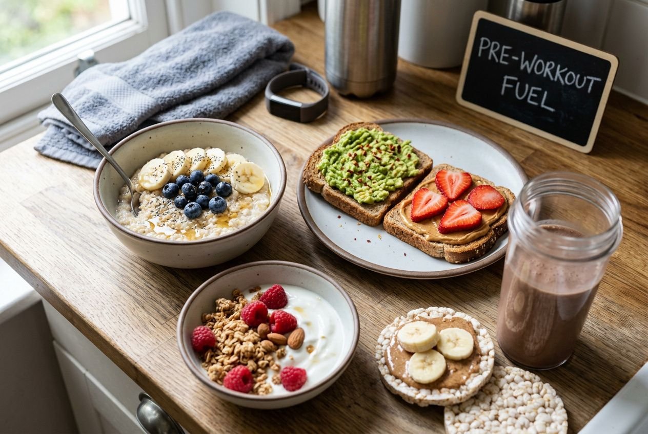 A selection of ready-to-eat pre workout food for energy: bowls with oats and berries, avocado toast with strawberries, yogurt with raspberries, banana slices on a waffle, and a smoothie in a jar on a kitchen counter.