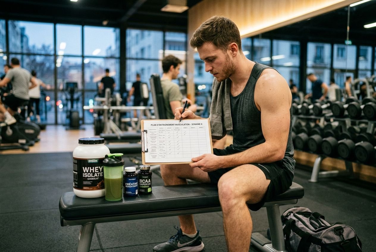 Sportif prenant un supplément pré-entraînement avant une séance de renforcement musculaire