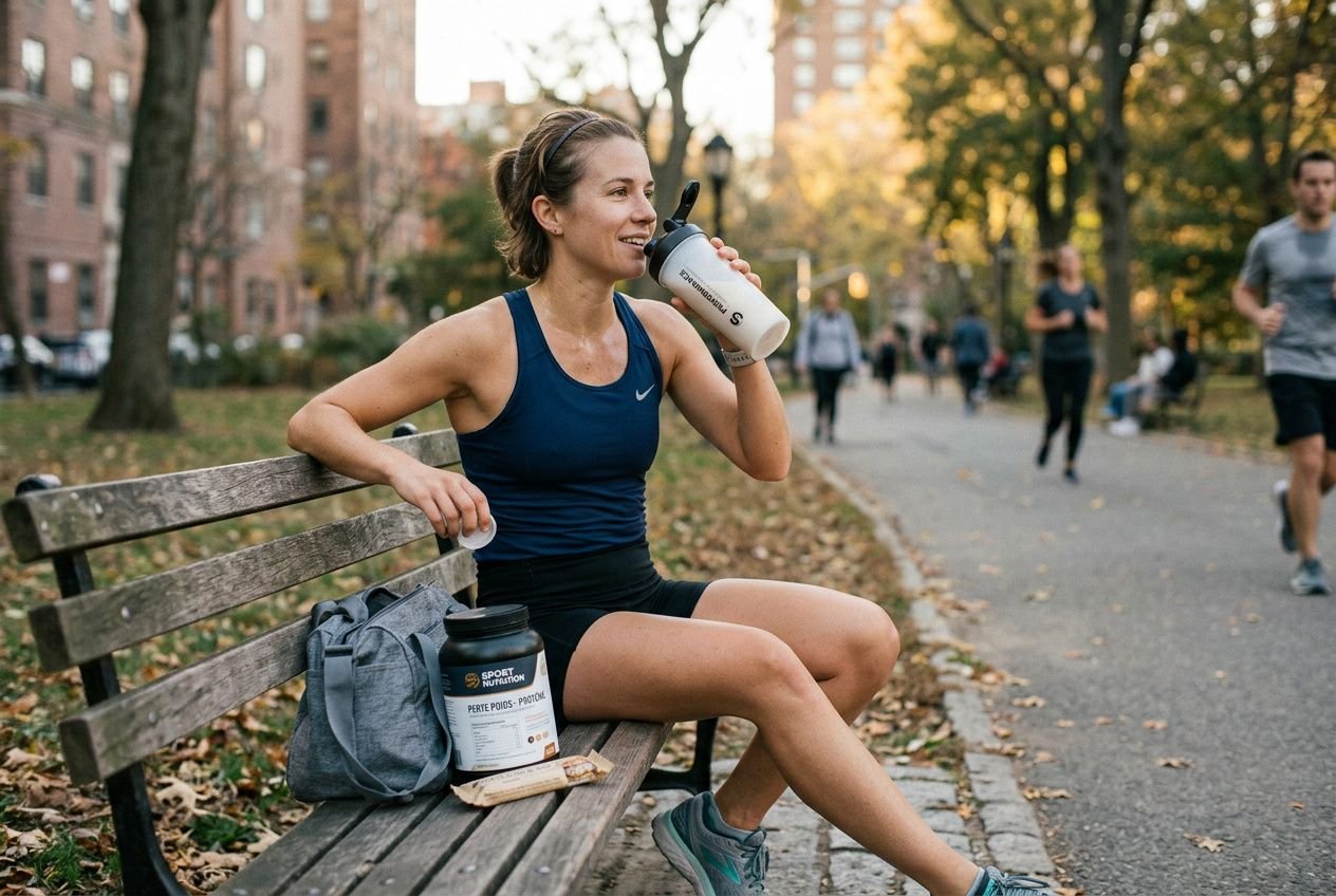 Sportive buvant une boisson protéinée après l’effort sur un banc du parc, avec une gourde et des accessoires à ses côtés, nutrition perte de poids sport.