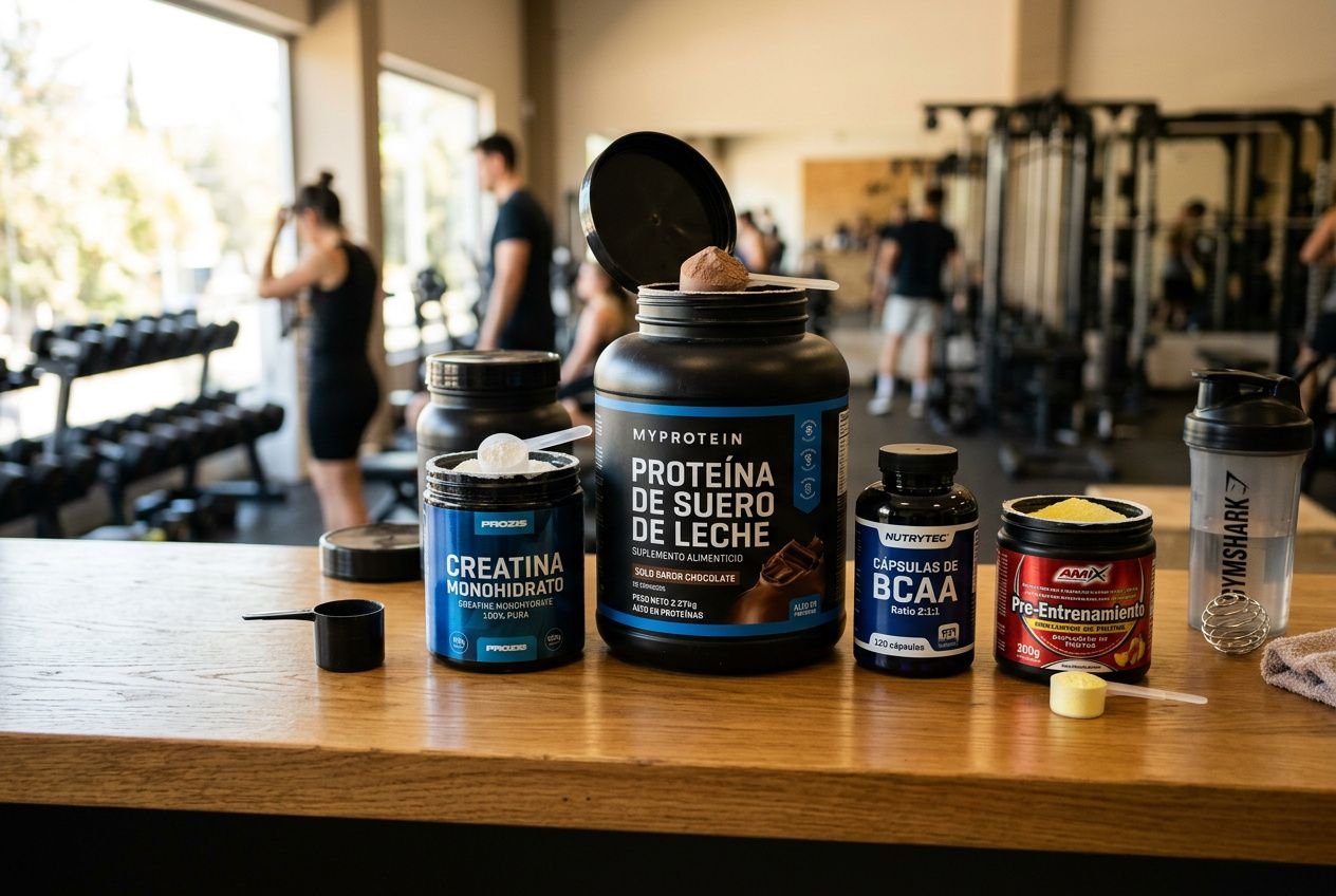 Suplementos para ganar fuerza y masa muscular: frascos de proteínas, creatina y BCAA sobre una mesa en gimnasio.