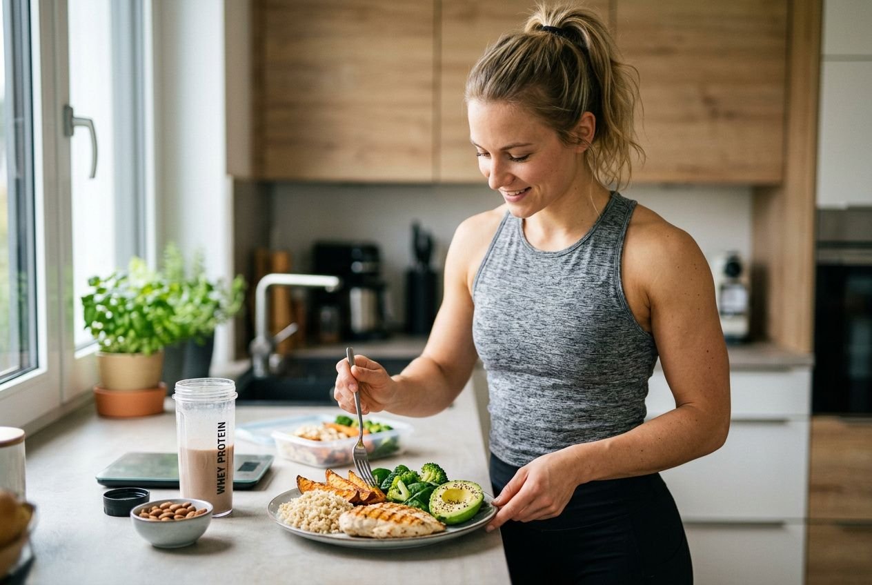 Teller mit Protein-Quellen, Gemüse und Kohlenhydraten für ausgewogene Ernährung
