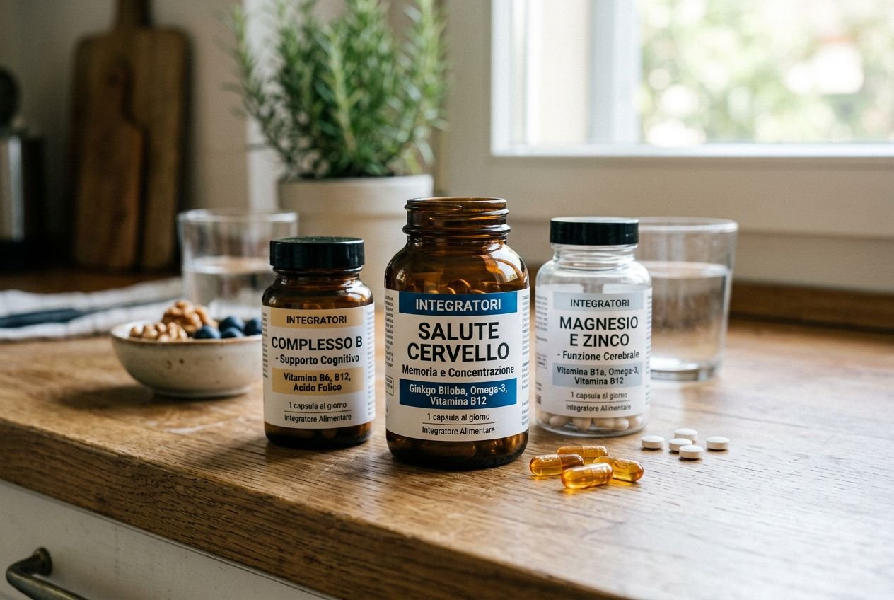 Tre bottiglie di integratori per la salute del cervello su un tavolo: evidenza una label “Salute Cervello” con vitamine e capsule, sfondo cucina.