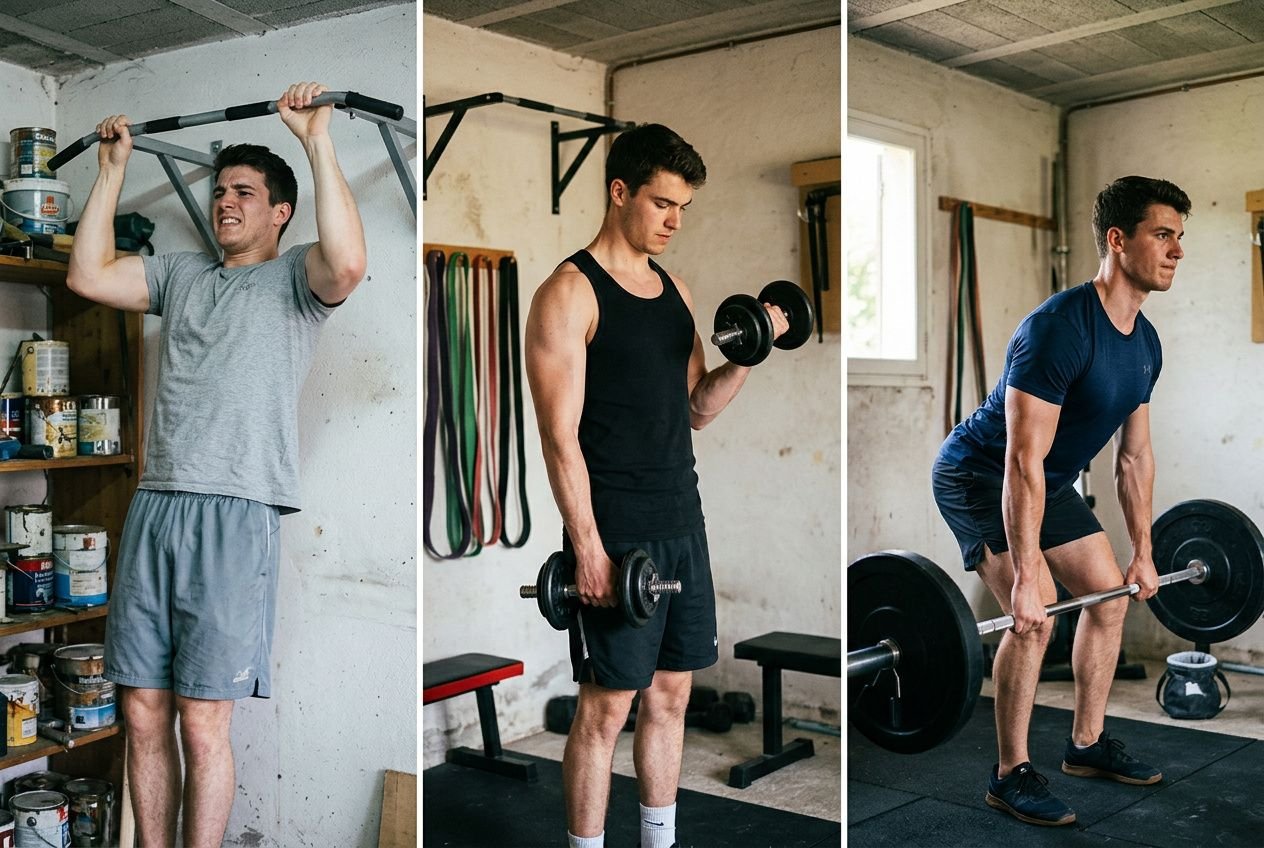 Trois hommes en salle de sport effectuant des exercices: tirage à la barre, curl avec haltères et soulevé de terre, adaptés à un programme musculation débutant 4 fois par semaine.
