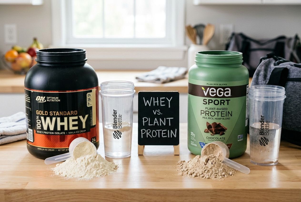 Two protein powders on a kitchen counter—whey on the left and plant-based protein on the right—with scoops and powder servings, plus a small sign reading “WHEY vs. PLANT PROTEIN.”