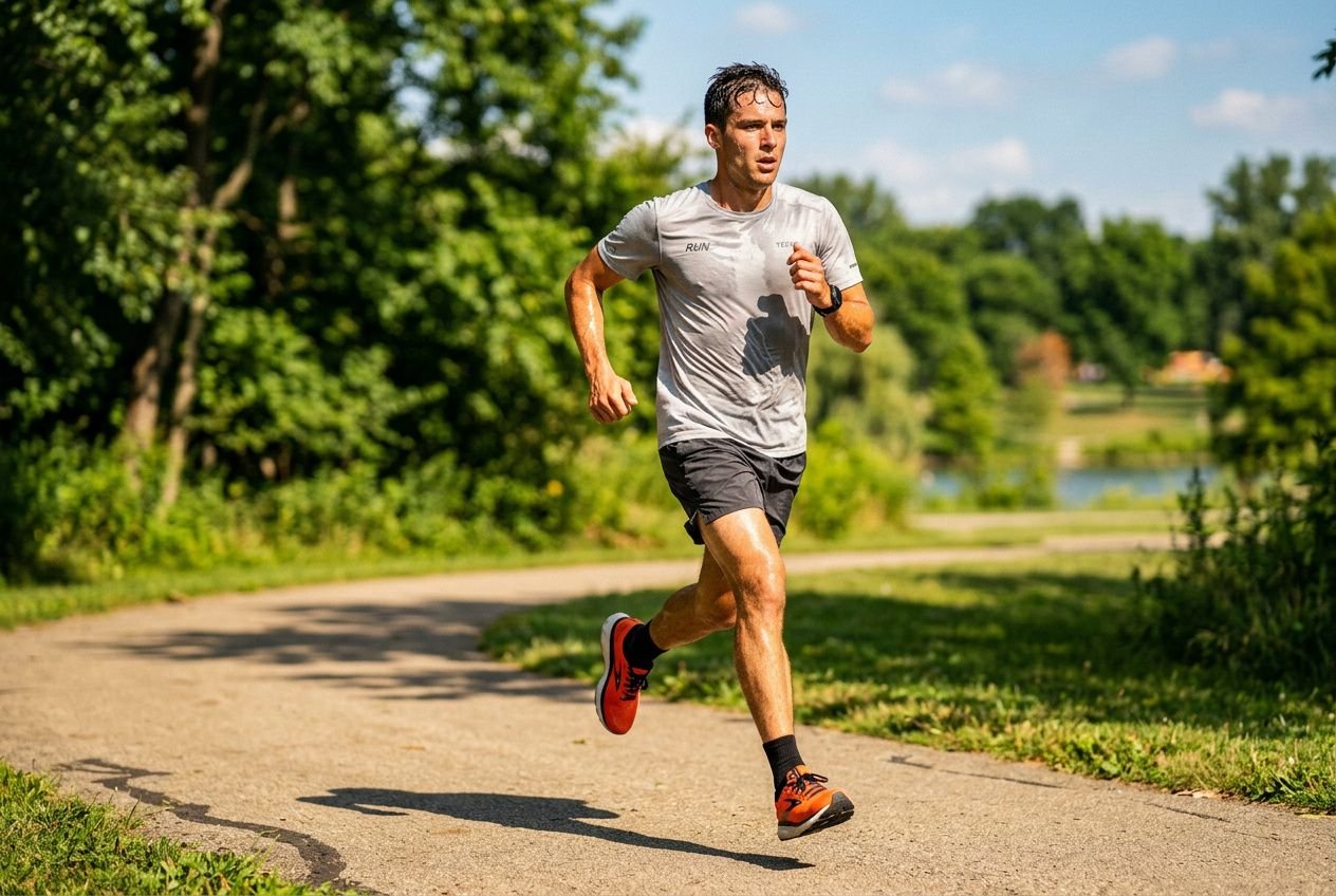 Uomo che corre lungo un sentiero di parco, allenamento all’aperto in estate, abbigliamento sportivo e scarpe da corsa. allenarsi con il caldo idratazione elettroliti e consigli per l estate