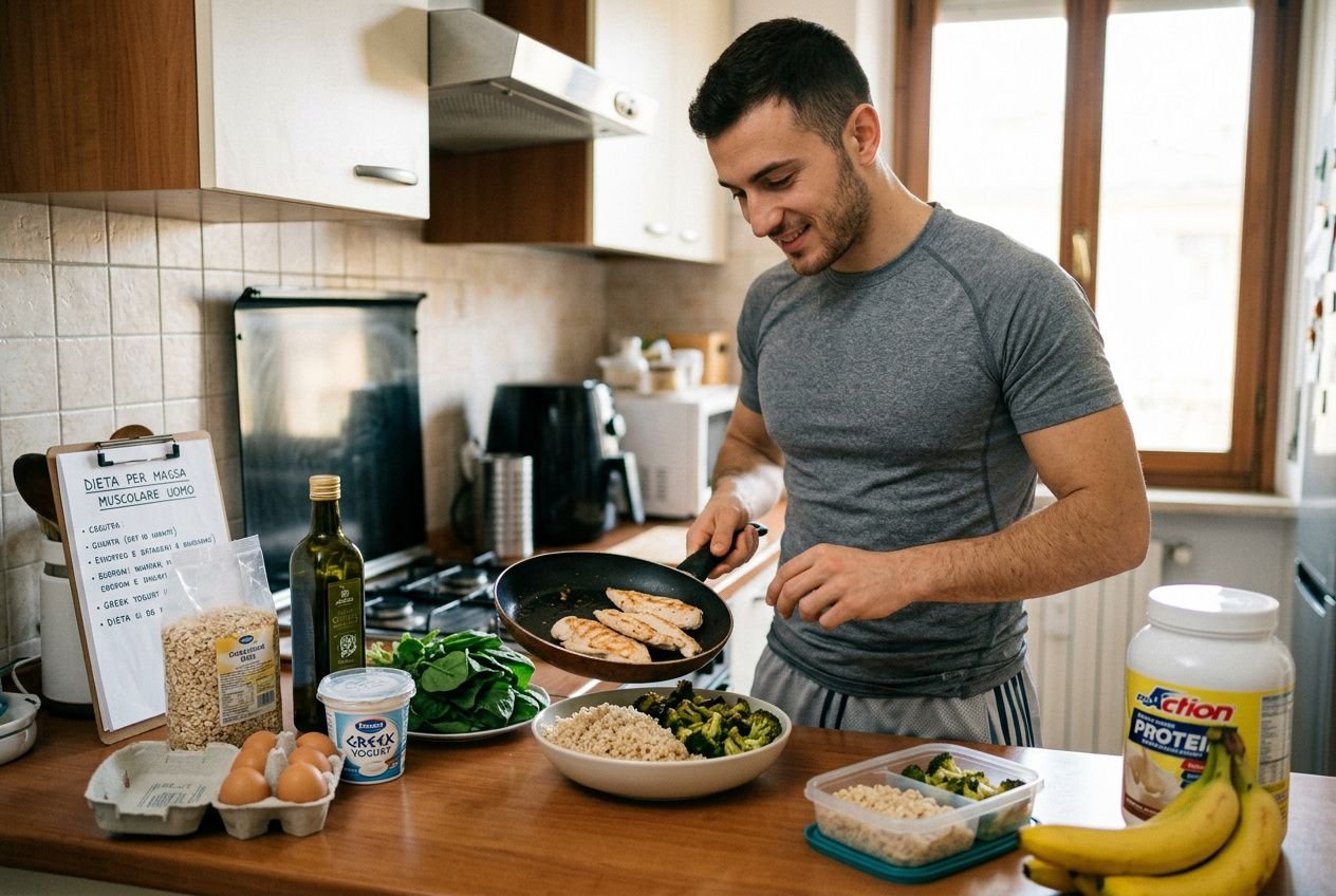 Uomo in cucina che cucina pollo o pane proteico, con piatti di riso e verdure, sulla tavola propedeutica a una dieta per massa muscolare uomo.